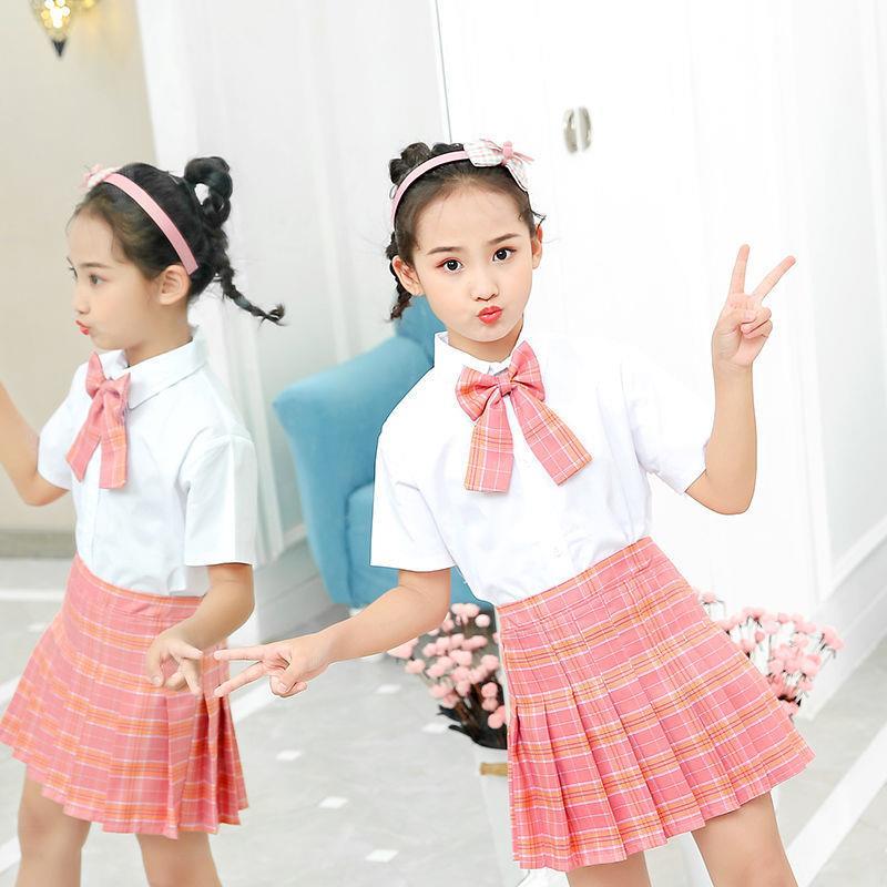 jk制服儿童裙子夏季中小学生套装女童gk格裙正版百褶裙夏装两件套图片