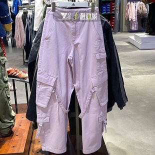 adidas三叶草正品女子春季新款牛仔裤刺绣小标工装风长裤KU9536