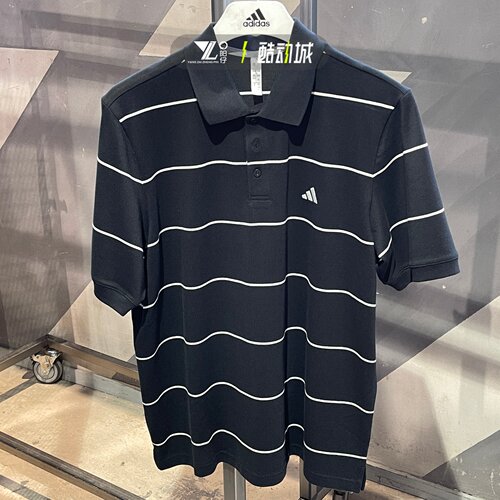 adidas条纹翻领短袖POLO衫男