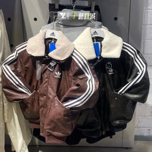 adidas三叶草时尚 夹克KF3692KF3691 皮面棉衣男三条杠防风保暖短款