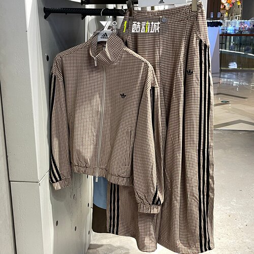 adidas三叶草女复古格纹运动裤