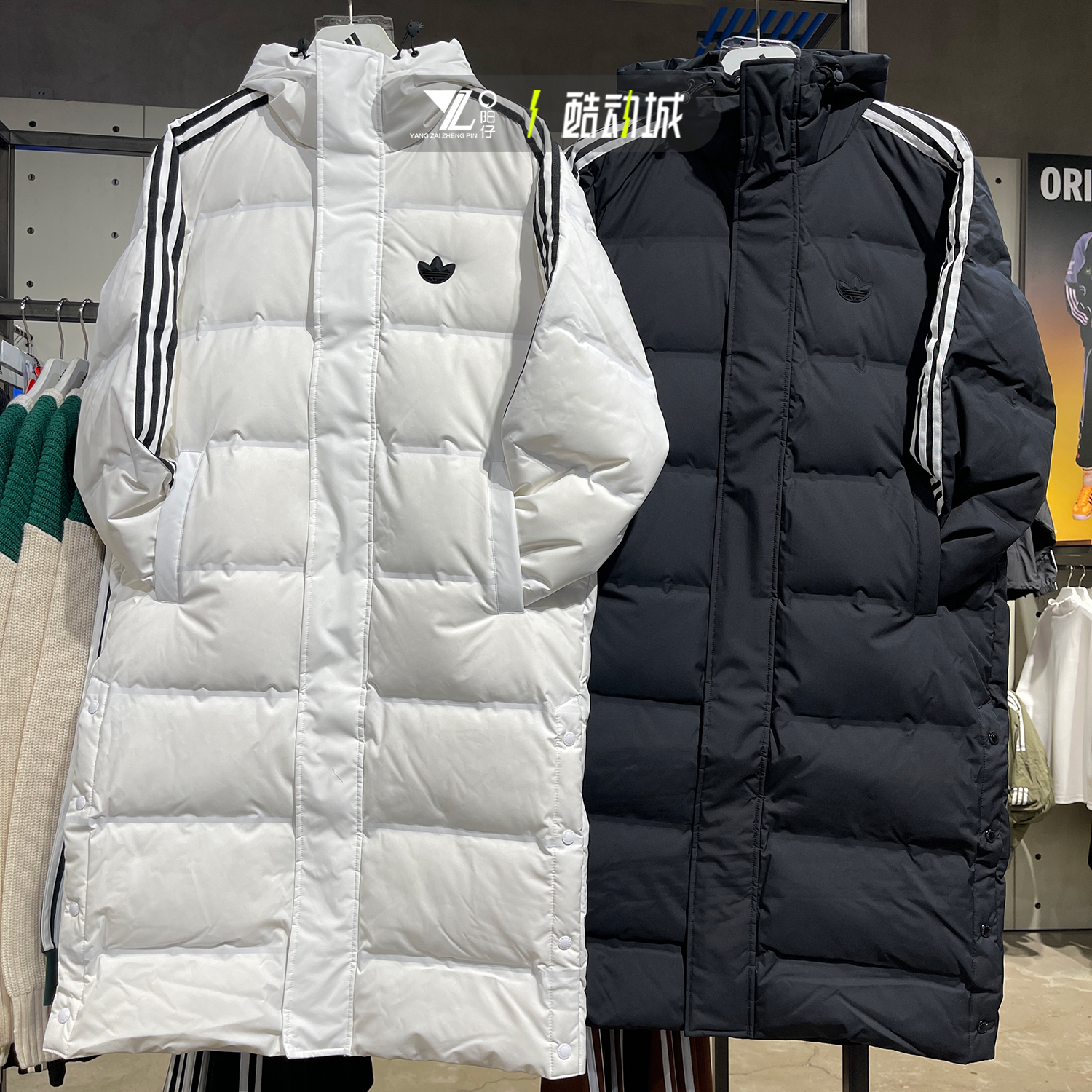 正品阿迪达斯三叶草男女情侣款保暖长款过膝羽绒服JD3749 JJ4968