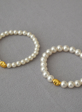 日韩小众复古仿施家米白色高亮珍珠不规则巴洛克金色豆豆弹力手链