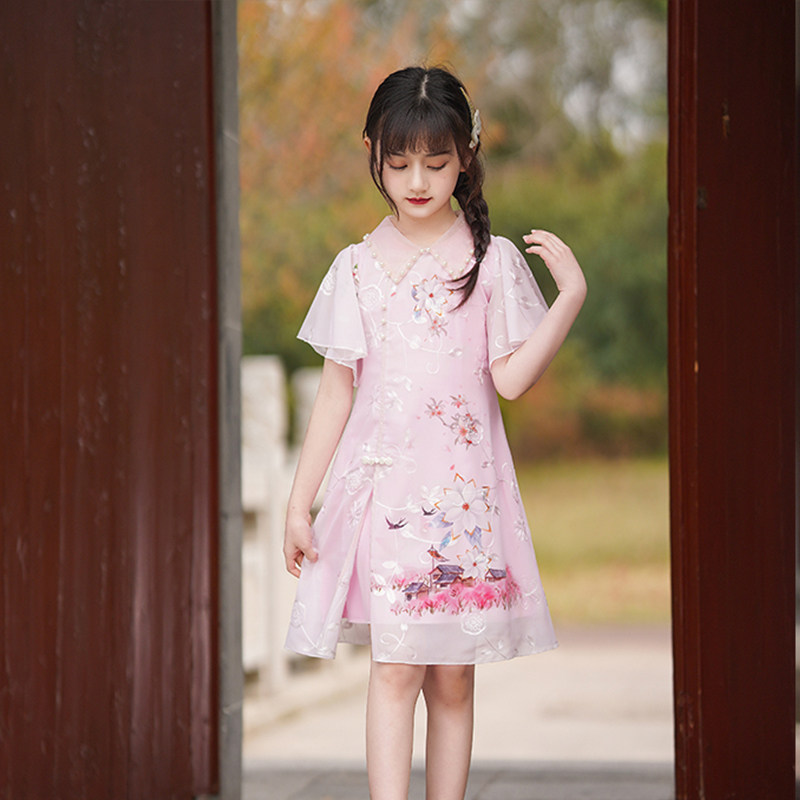 女童旗袍连衣裙夏季儿童装汉服中国风薄款小女孩洋气复古公主裙子