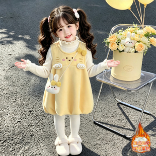 女童连衣裙秋冬季2026新款儿童加绒背心裙宝宝加厚冬装过年服裙子