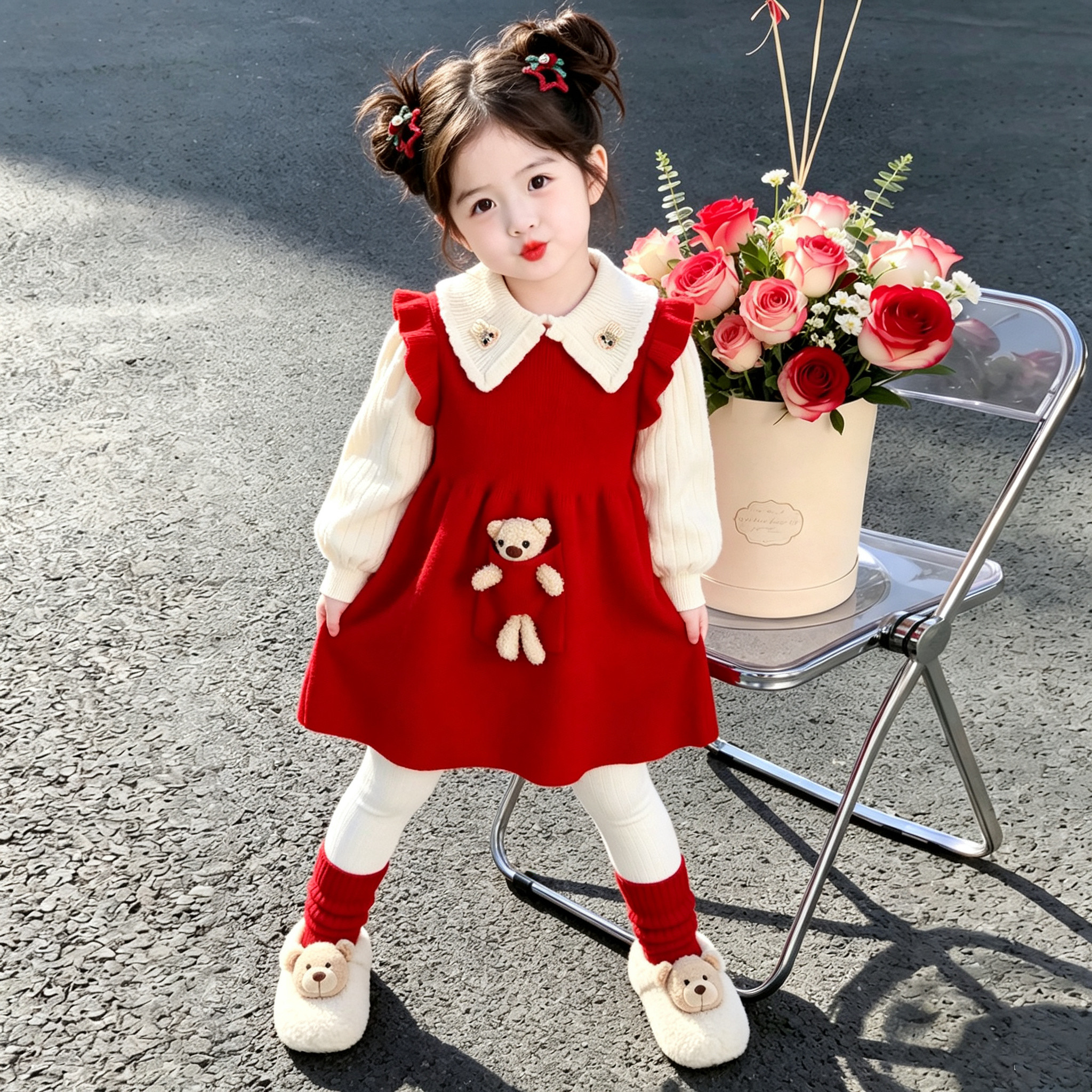 女童秋装针织裙2026新款女宝洋气公主裙卡通毛衣裙秋冬翻领连衣裙