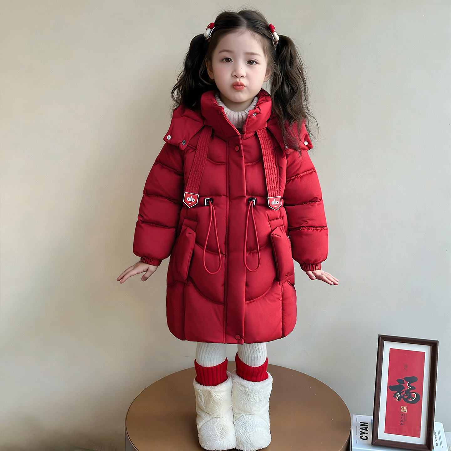 女童拜年服棉服冬季新款中大童长款洋气儿童加绒加厚外套棉衣棉袄