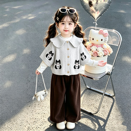 女童毛衣开衫套装秋冬季2026新款洋气童装超好看儿童针织衫三件套