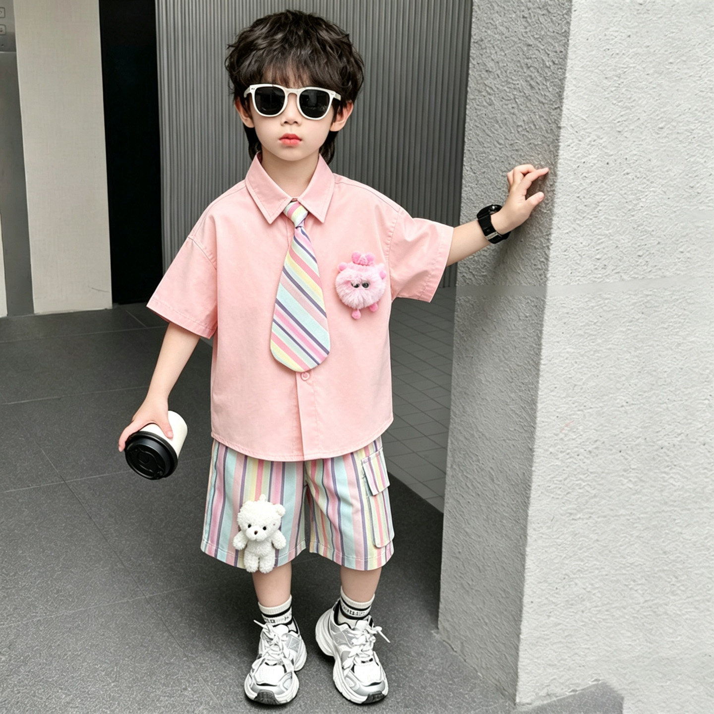 男童夏套装2026新款儿童帅气粉色短袖衬衫两件套小男孩夏装衣服潮图片
