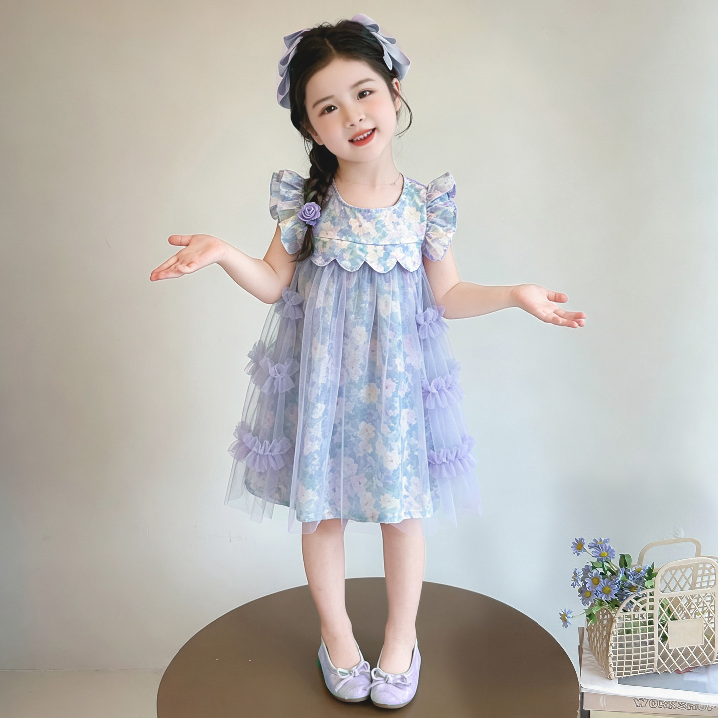 女童连衣裙2026夏季新款棉布裙儿童公主网纱裙飞袖印花度假风裙子