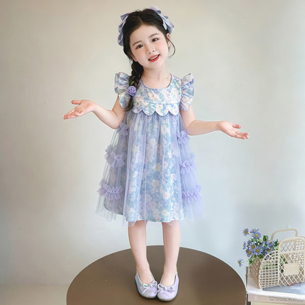 女童连衣裙2026夏季新款棉布裙儿童公主网纱裙飞袖印花度假风裙子