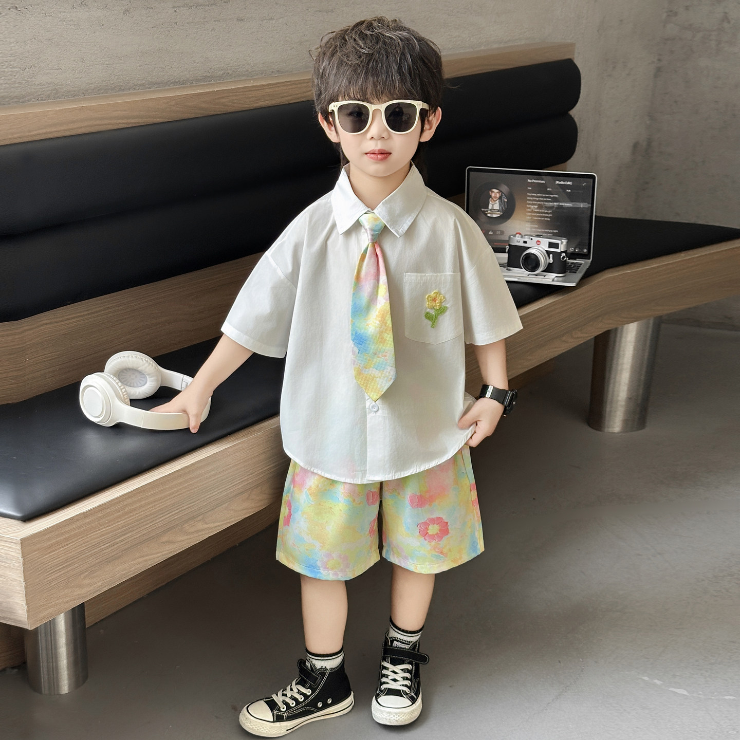 男童碎花领带短袖衬衫套装夏季2026新款儿童洋气时髦男孩痞帅夏装