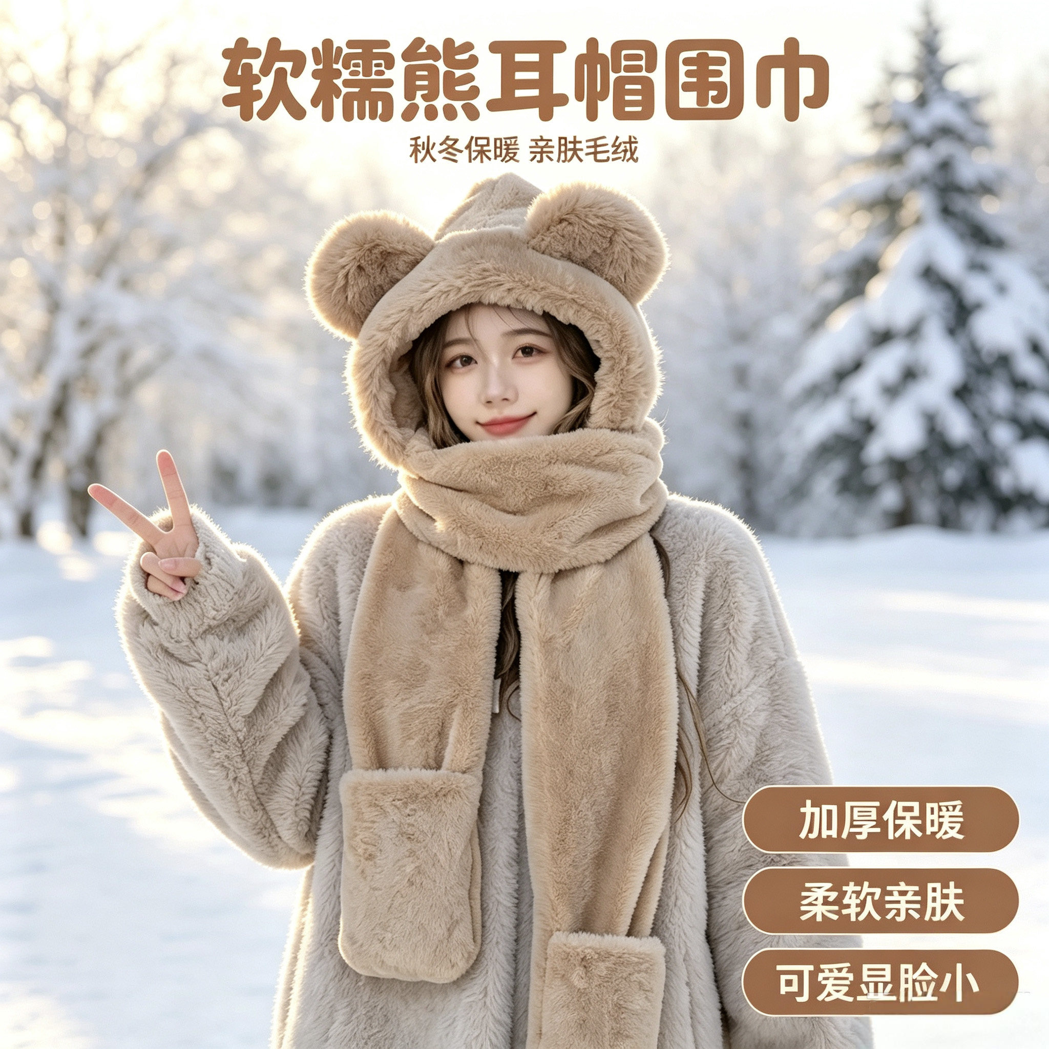 百搭帽子护耳保暖连帽手套三件套