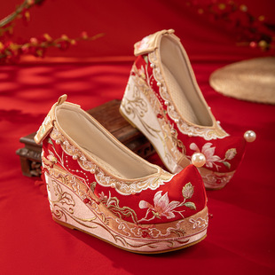 古风汉服鞋 刺绣舒适大坡跟红色cos鞋 中国风春秋冬新款 高端婚鞋