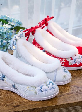 毛口淩月  新款内圆头棉鞋女搭配汉服高跟厚底绣花鞋