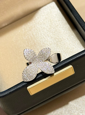 S925纯银精工高级感满钻蝴蝶四叶草开口戒指轻奢可调节一件代发