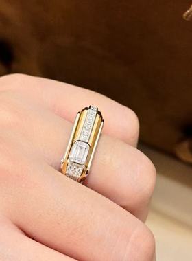 鑫葆康S925纯银精工高级感轻奢双色拼色方形戒指双拼梯方钻指环