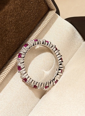 通体s925新款粉钻白钻间钻排指轻奢甜美心玫红钻卢比卡粉