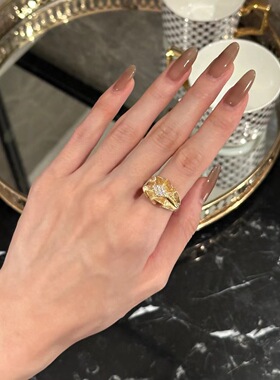 S925纯银镀18K金意大利拉丝工艺绸缎裙边设计碎钻戒指高级感复古