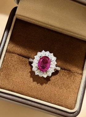 通体s925卢比卡粉钻太阳花玫红指仿真钻彩宝彩钻精致富婆