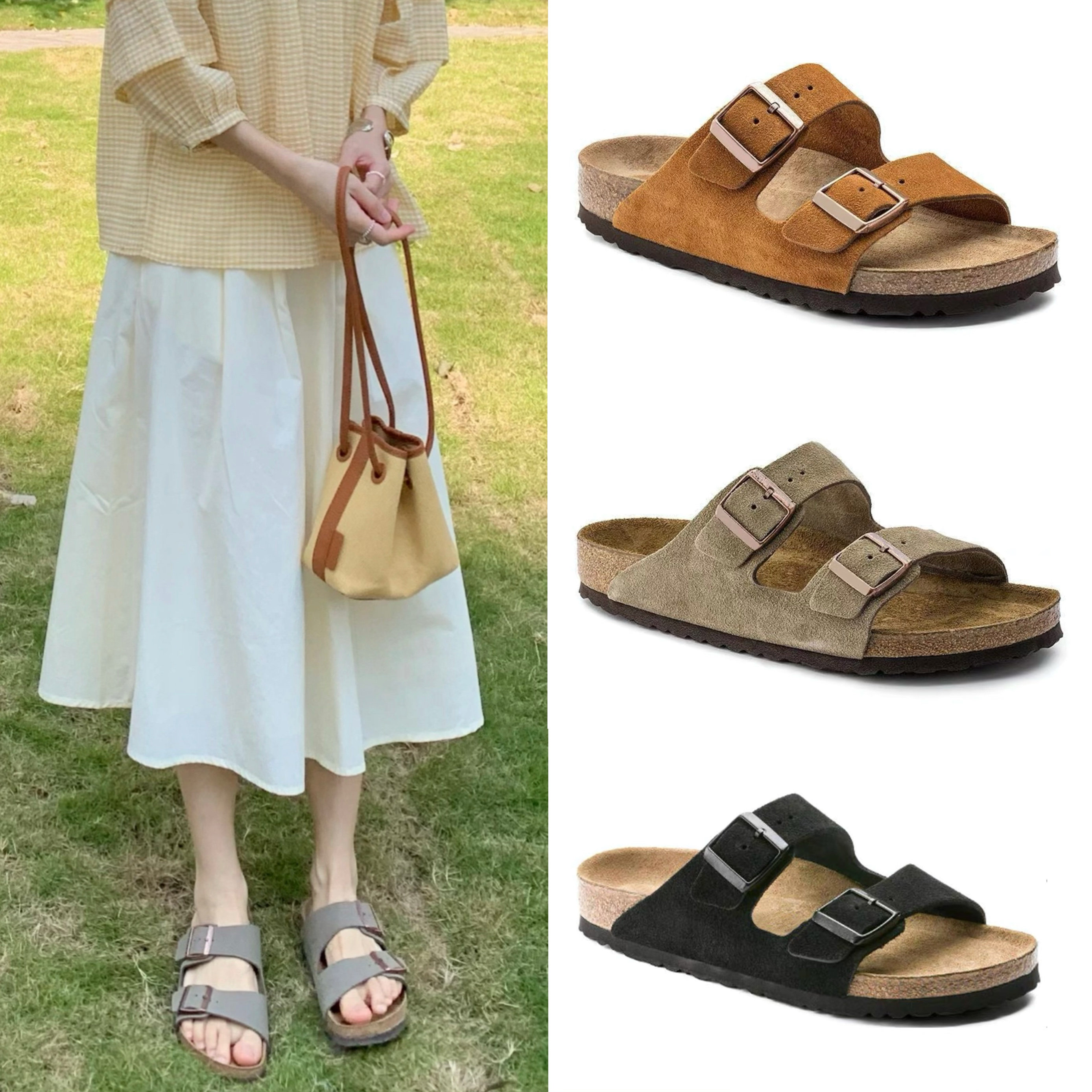 全牛皮勃肯鞋2025新款双排扣软木拖鞋男女款外穿牛反绒一字凉