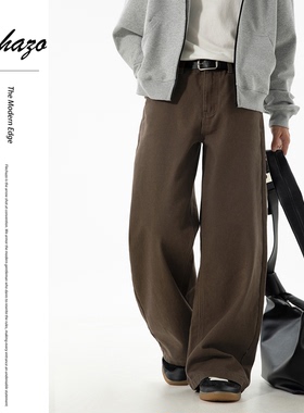 通勤风100%纯棉半松紧腰微阔直筒休闲裤子男垂感细斜纹拖地裤长裤