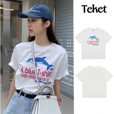 韩国小众潮牌Teket海豚字母印花车静媛同款圆领短袖T恤休闲百搭女