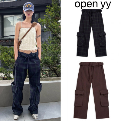 韩国小众潮牌OPENYY休闲显瘦抽绳卷腰格纹工装裤宽松阔脚长裤女