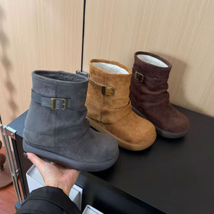 韩版 保暖加绒皮带扣厚底增高防滑软底一脚蹬棉靴 短靴雪地靴女冬季