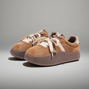 板鞋 加绒保暖百搭棉鞋 子 女磨砂绒面厚底松糕运动休闲鞋 复古德训鞋