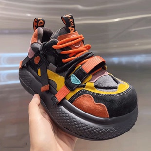 子 增高厚底加绒保暖女棉鞋 丑萌风撞色厚底运动鞋 女系带休闲老爹鞋