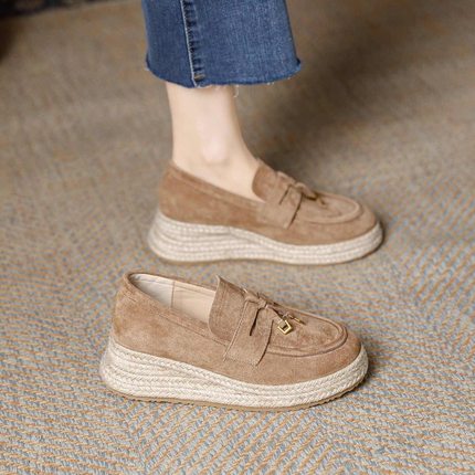 7厘米内增高渔夫鞋女小个子秋季新款潮流厚底坡跟编织休闲乐福鞋