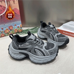 舒适百搭增高复古轻便显脚小休闲运动鞋 加绒保暖厚底老爹鞋 女冬季