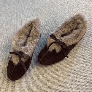 圆头蝴蝶结毛毛鞋 复古增高棉鞋 女冬季 毛绒单鞋 保暖加绒勃肯鞋 韩版