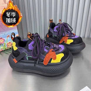 潮鞋 撞色拼接厚底面包鞋 百搭增高运动休闲鞋 加绒棉鞋 松糕底 女冬季