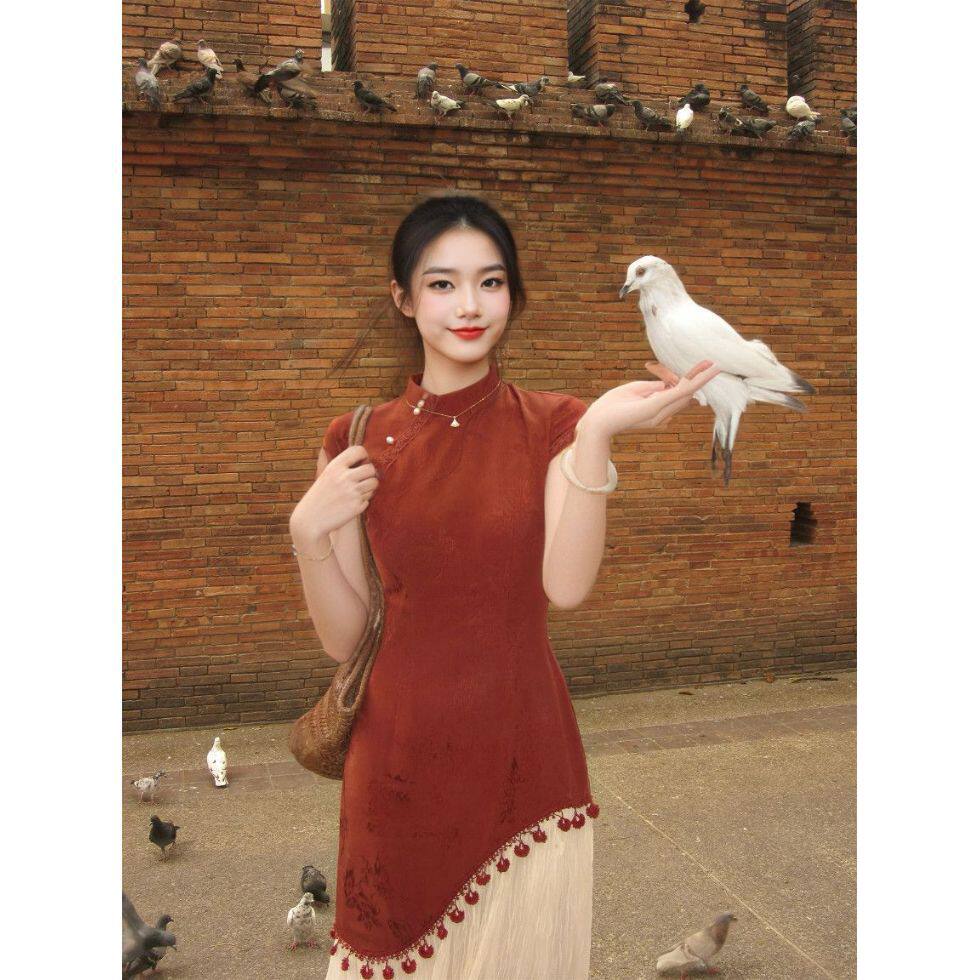 赤纱谣'新中式红色流苏旗袍女早