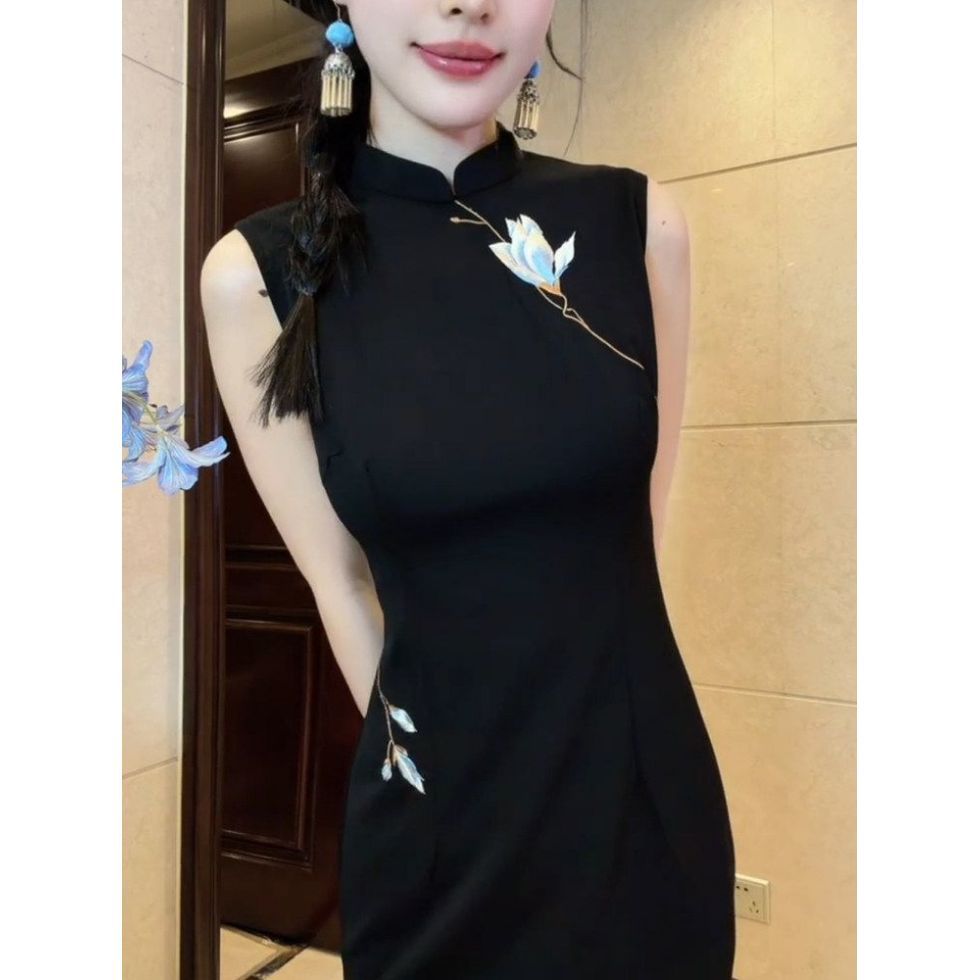 自制复古黑色旗袍女新款时尚新中