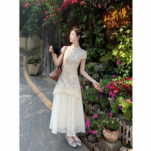 五一出游新中式改良旗袍女夏款蕾丝镂空碎花修身连衣裙