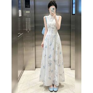 新中式碎花连衣裙无袖收腰显瘦