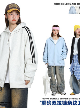 ANS美式重磅潮牌三条杠条纹连帽卫衣男女春秋季百搭休闲情侣外套