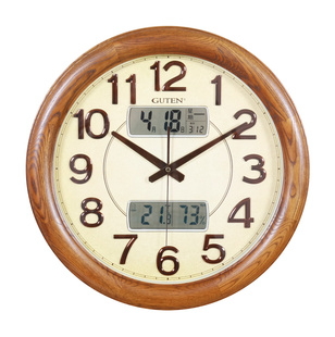 金钟宝GUTEN客厅静音实木挂钟万年历温湿度挂表直径45CM