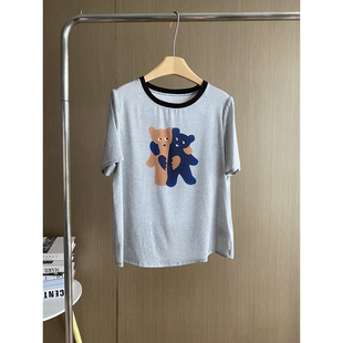 商场同款真丝撞色领短袖T恤女夏童趣拥抱熊印花老钱风桑蚕丝上衣