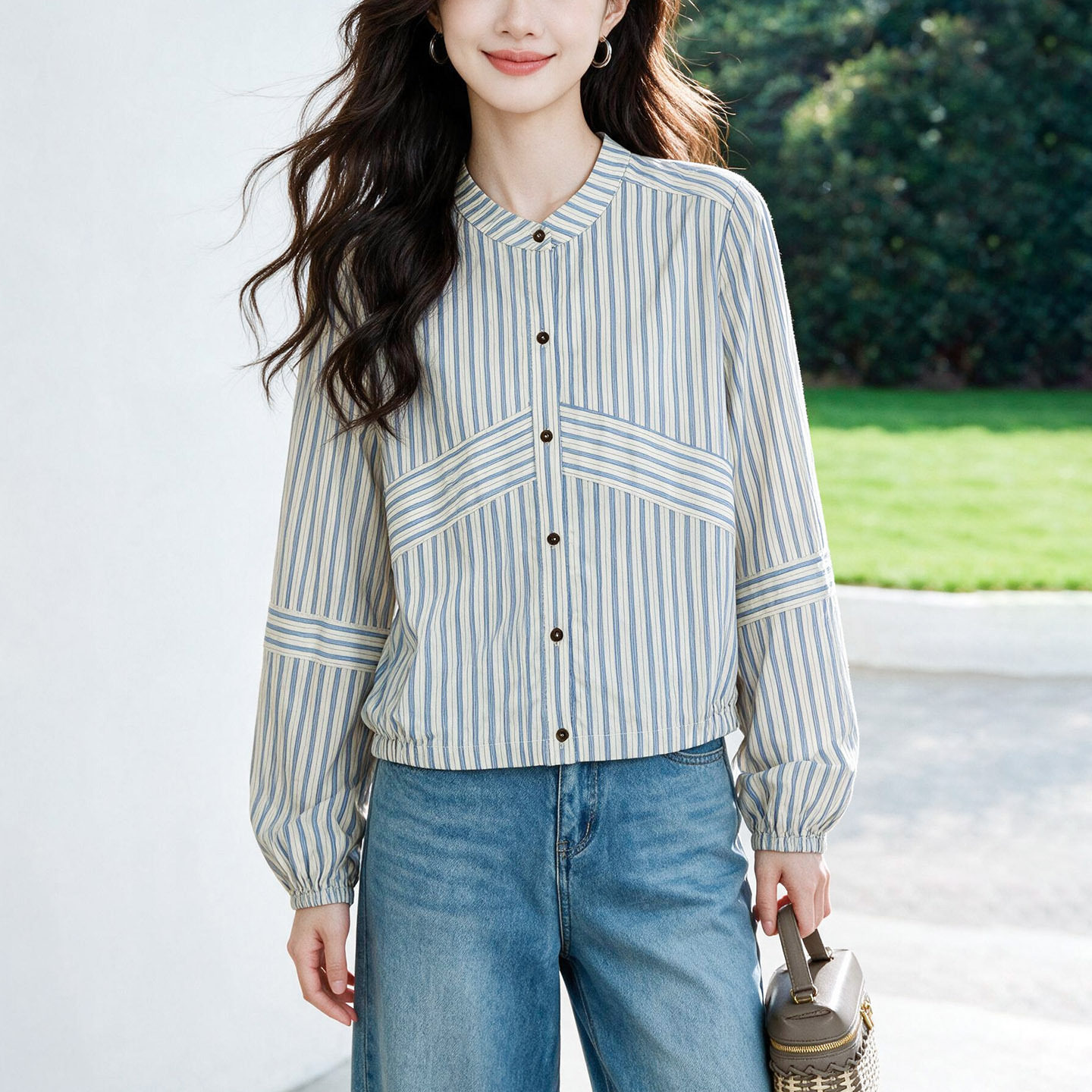 纯棉条纹衬衫女立领灯笼袖2026秋季新款日系文艺休闲短款上衣小衫