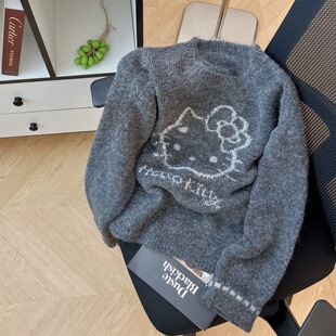 女宽松慵懒减龄保暖毛衣 A202卡通猫咪提花针织衫 小四粉丝专享