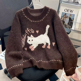 A246卡通猫咪套头毛衣女慵懒风圆领加厚针织 小四粉丝专享