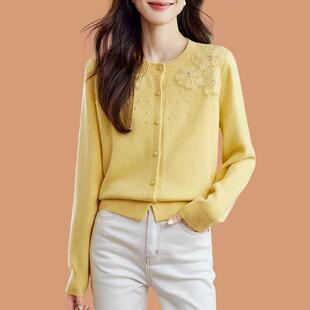 女圆领扣子毛衣外套 A337刺绣花朵泡珠针织开衫 小四粉丝专享