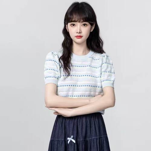 【小四粉丝专享】A589条纹冰丝针织衫女夏圆领短袖设计感短款上衣