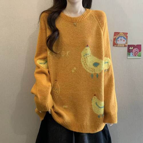 【小四粉丝专享】A183卡通圆领套头毛衣女宽松慵懒风针织衫上衣