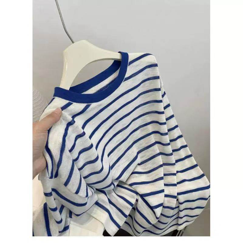 【小四粉丝专享】A463蓝色条纹针织衫女长袖套头防晒罩衫宽松上衣