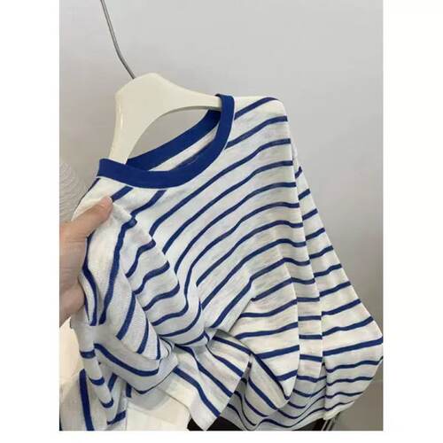 【小四粉丝专享】A463蓝色条纹针织衫女长袖套头防晒罩衫宽松上衣
